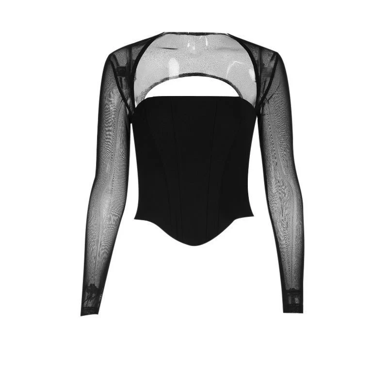 Long sleeve mesh square neck zip-up corset top