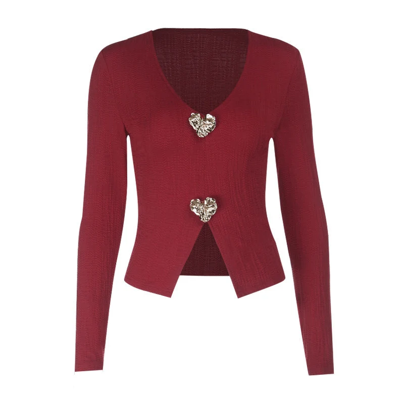 Cut out long sleeve v neck slit top