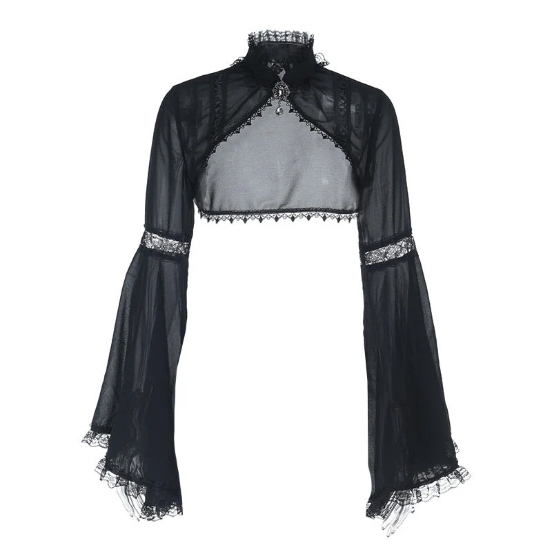 Long flared sleeve high neck lace hem solid top