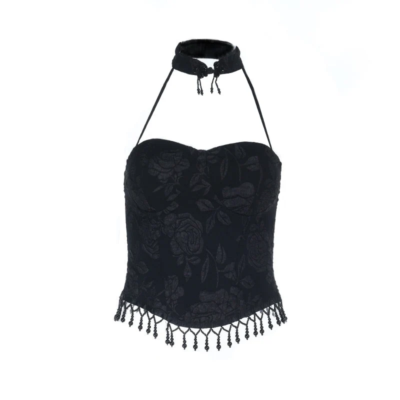 Backless halter print zip-up beaded top