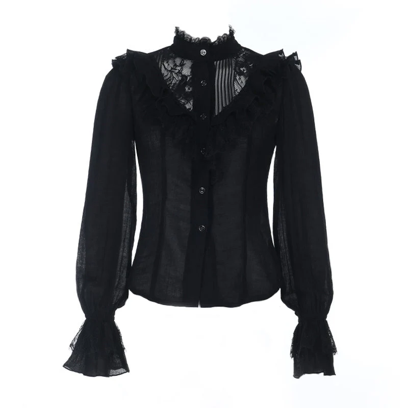 Long sleeve lace button ruffle solid top