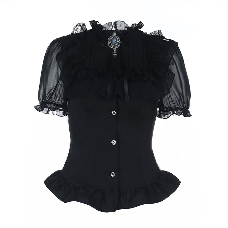 Short sleeve button ruffle lace hem solid top