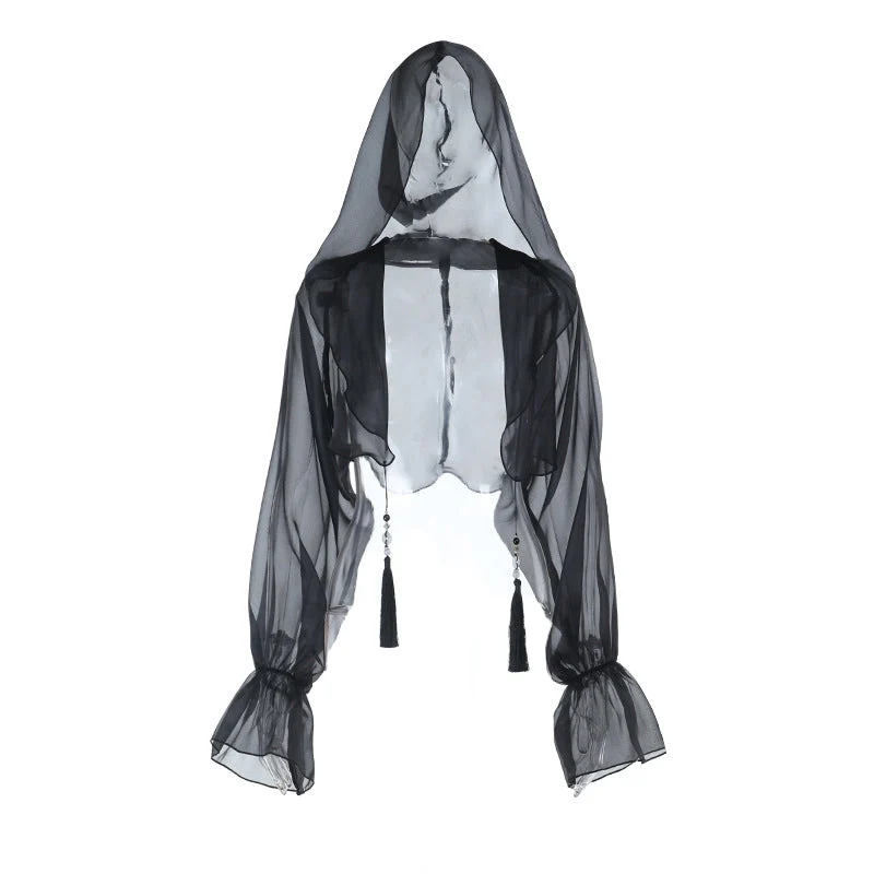 Hoodie long sleeve chiffon see through top