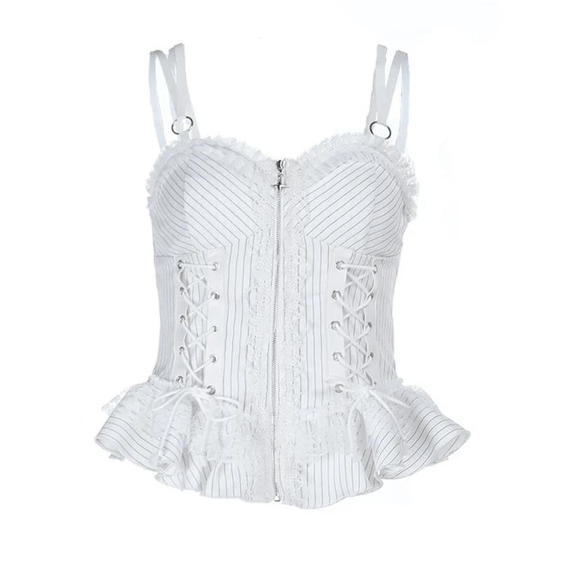 Lace ruffle lace up zip-up cami top