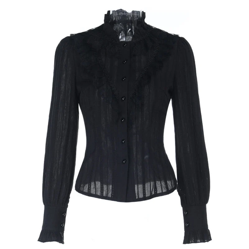 Lace hem long sleeve button self tie top