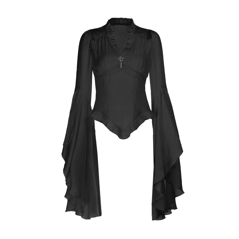 Long flared sleeve v neck ruched solid top