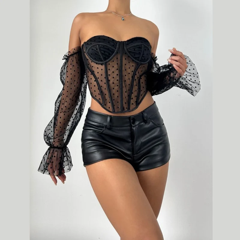 Corset polka dot off shoulder long sleeve top