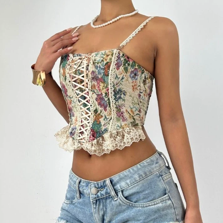 Lace up smocked lace hem flower pattern cami top