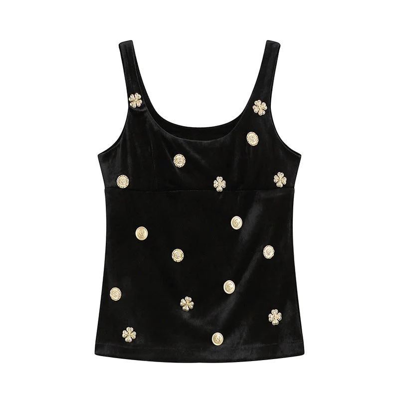 Velvet u neck metal applique tank top