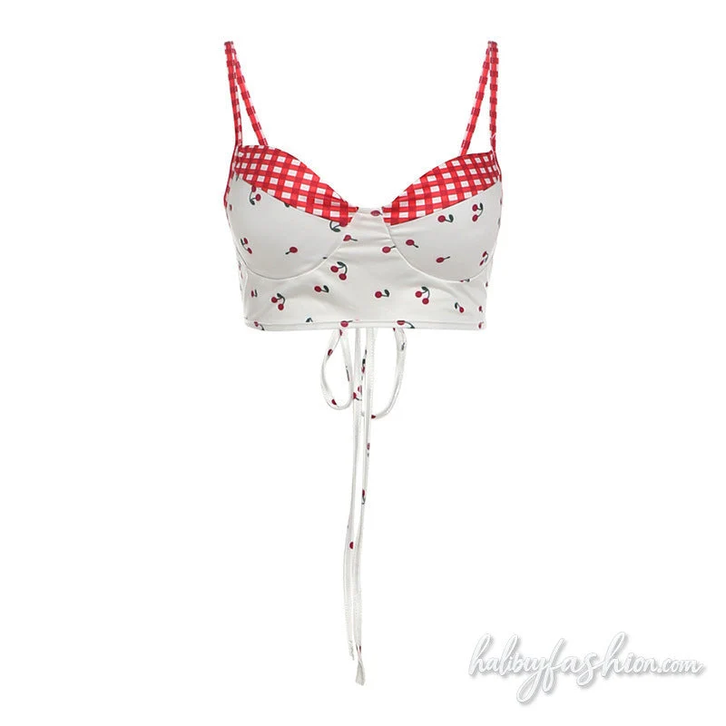V neck plaid cherry print self tie cami top