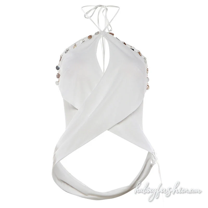 Cut out halter self tie shell applique top