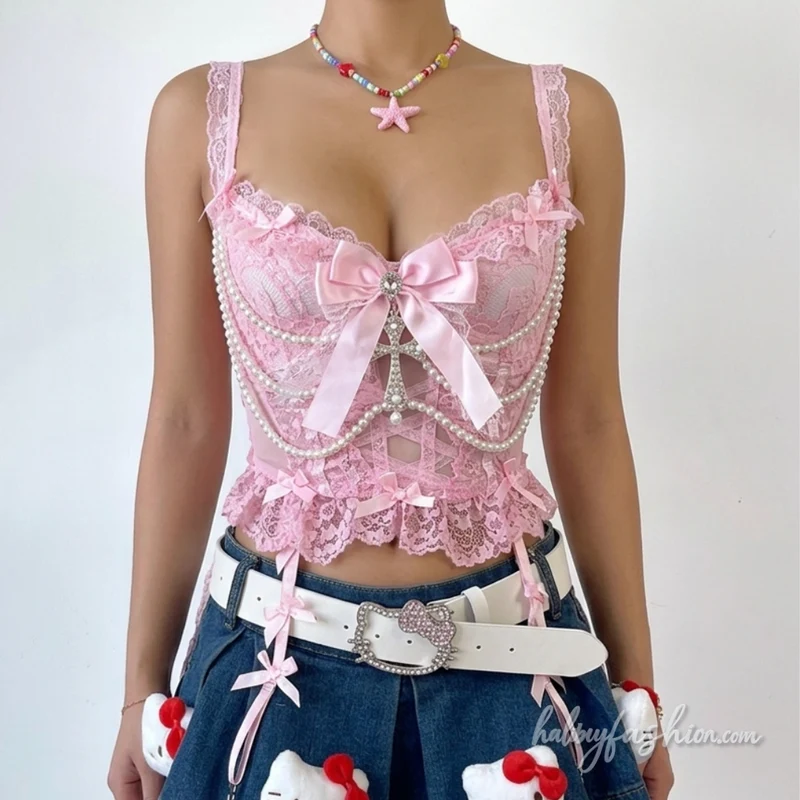Lace bowknot beaded self tie cami top