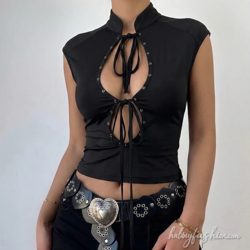 Self tie hollow out sleeveless solid top