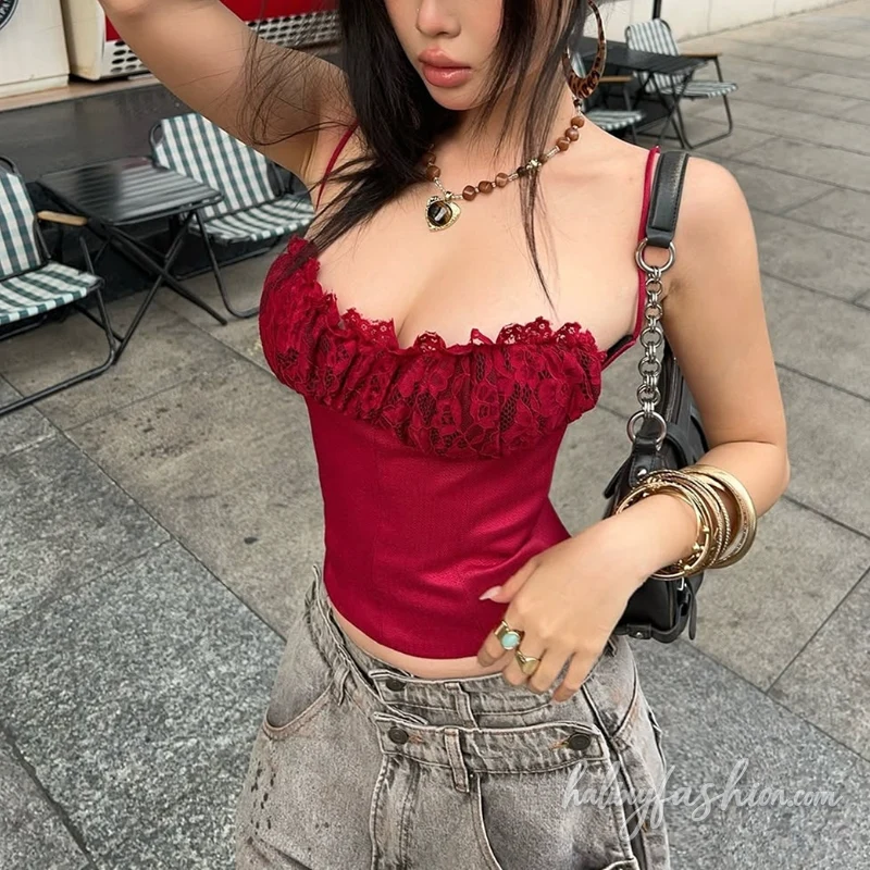 Lace patchwork ruched solid cami top