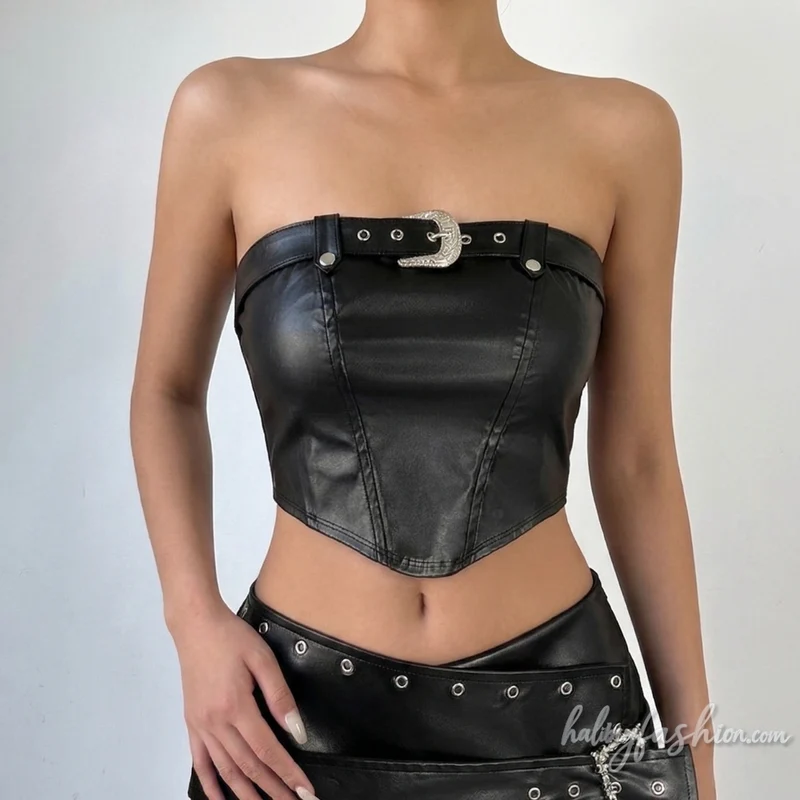 Leather buckle zip-up tube crop top