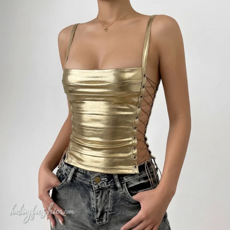 Metallic square neck lace up hollow out cami top