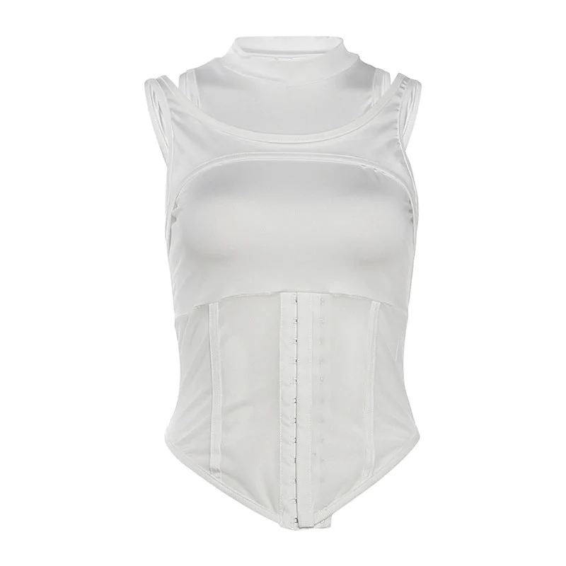 Crewneck hollow out mesh patchwork solid top