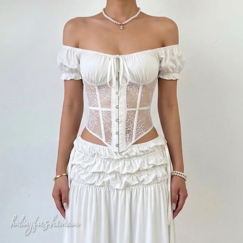 Lace ruched off shoulder self tie top