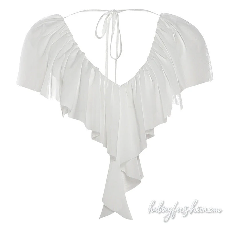 Ruched mesh v neck self tie top