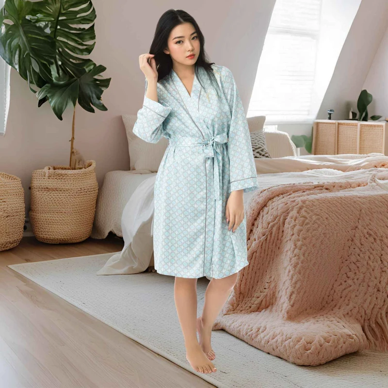 Szlafrok damski, satynowy kimono, bielizna nocna, kolor aqua i koralowy