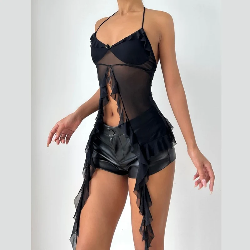 Mesh ruffle self tie v neck halter top