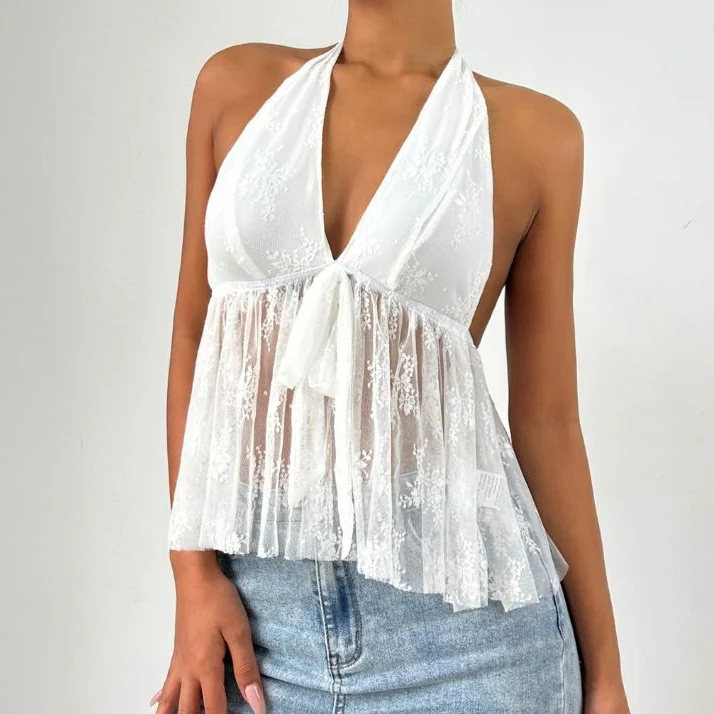Halter self tie v neck lace backless top