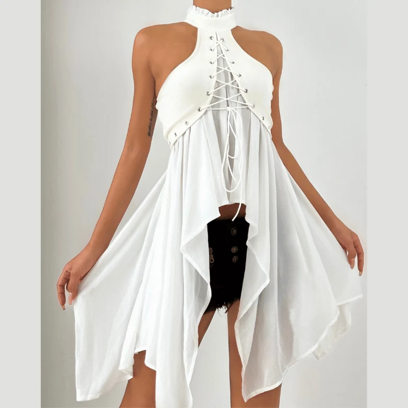 Lace up ruched crewneck top-final-sale