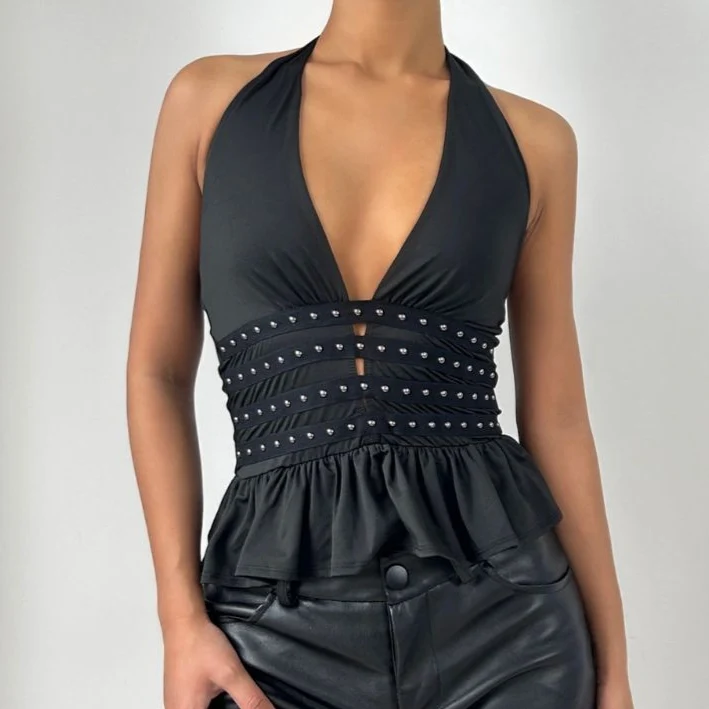 Halter deep rivet v neck ruched ruffle top