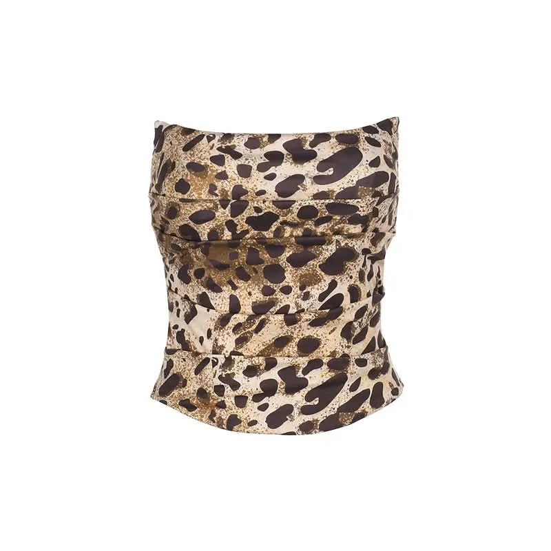 Leopard print pleated backless tube top