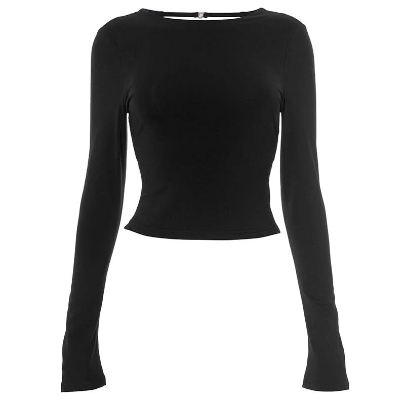 Backless long sleeve self tie crewneck top