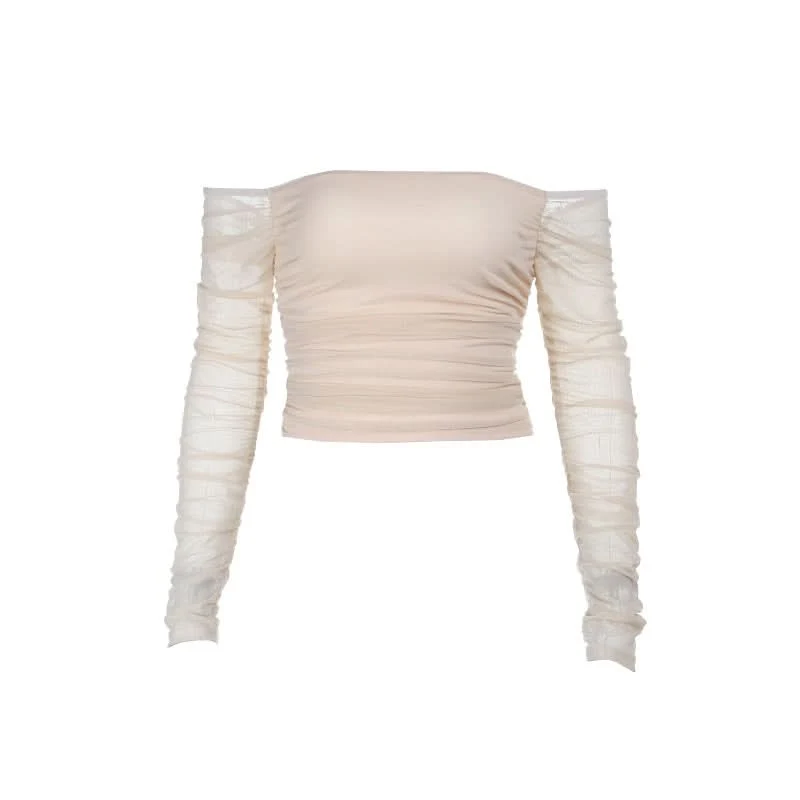 Mesh off shoulder ruched long sleeve tube top