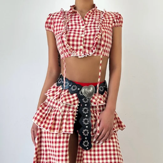 Plaid button short sleeve crop top