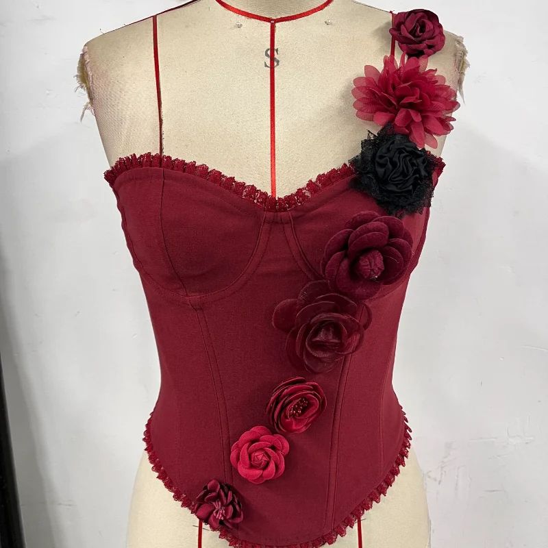 One shoulder flower applique lace up top
