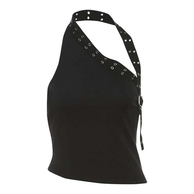 Halter irregular buckle solid backless top