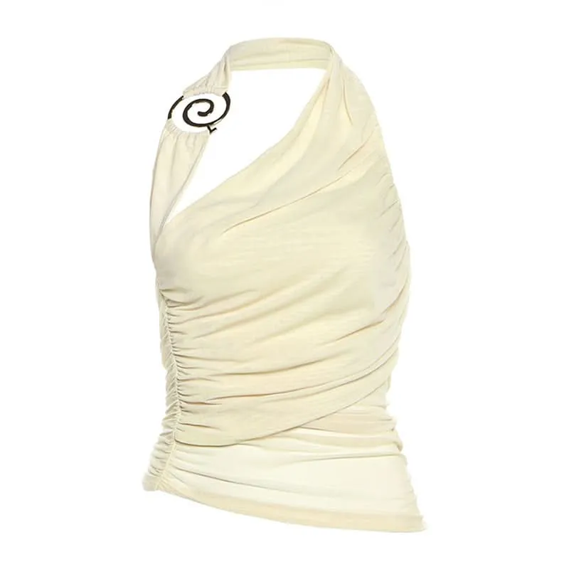 Halter ruched irregular mesh backless top