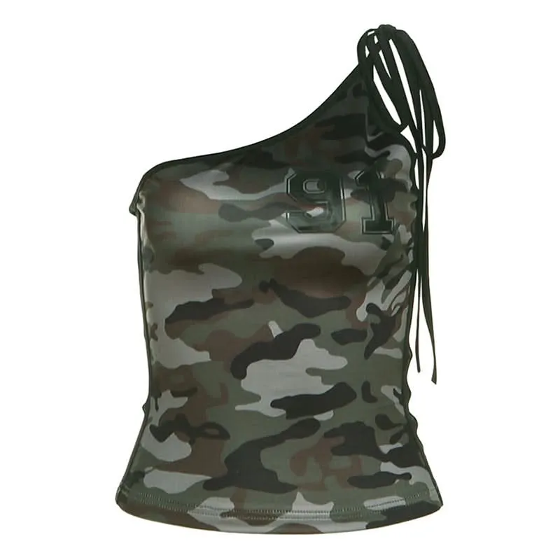 One shoulder self tie irregular camouflage top