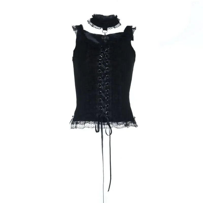 Lace hem lace up slit round neck top