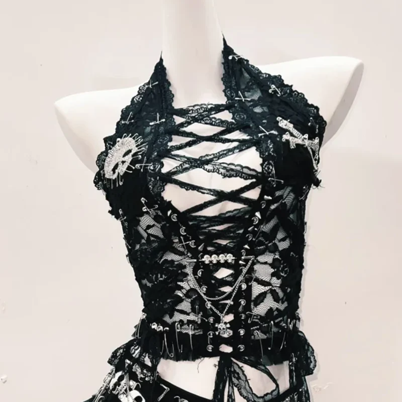 Cut out lace up lace hem skull applique top