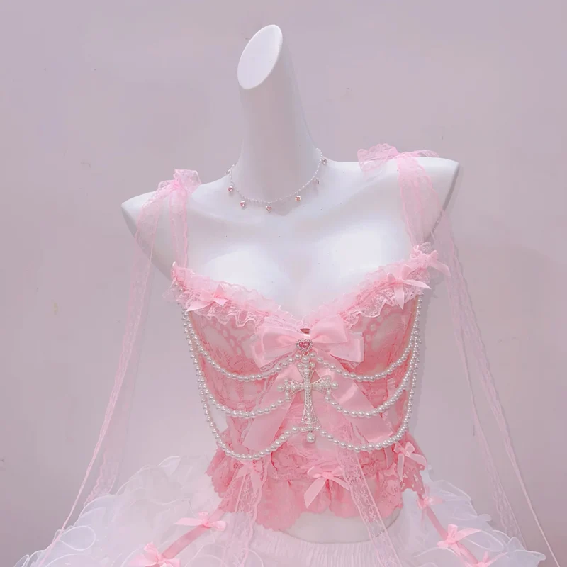 Bowknot self tie lace hem v neck beaded cami top