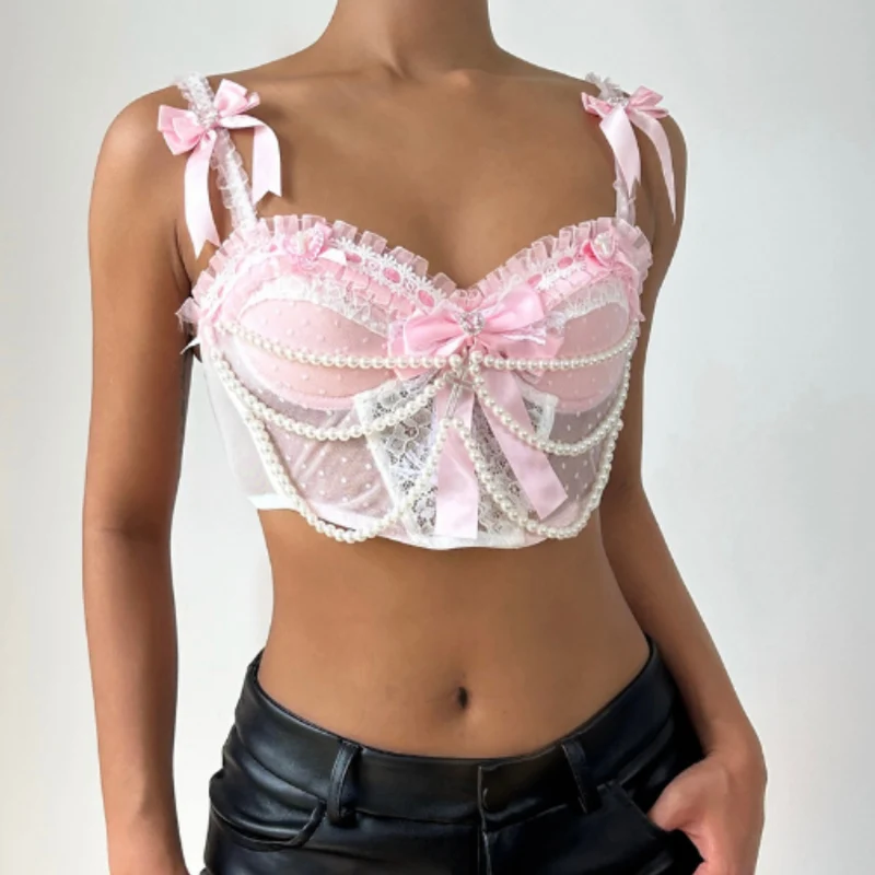 Bowknot beaded ruffle padded cami top