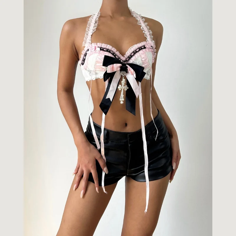 Halter bowknot cross applique ruffle top