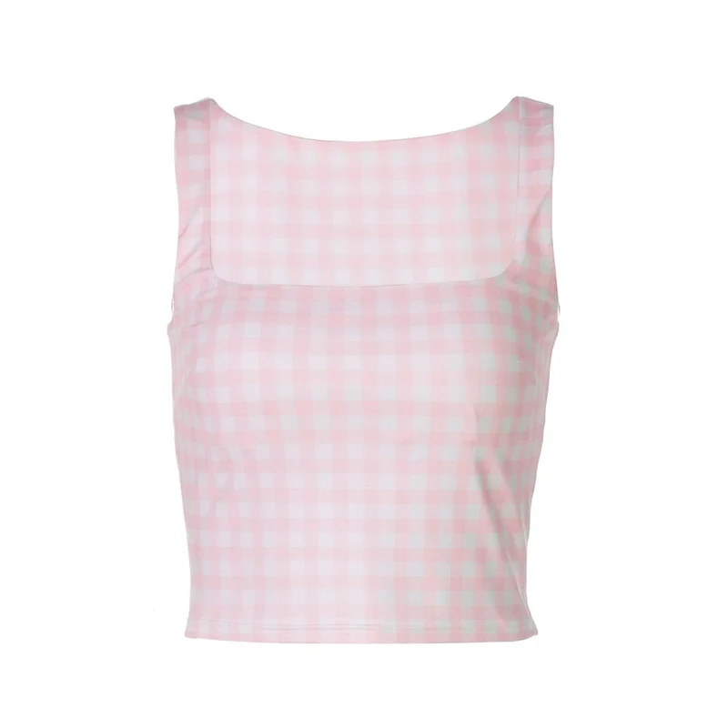Plaid square neck contrast tank top