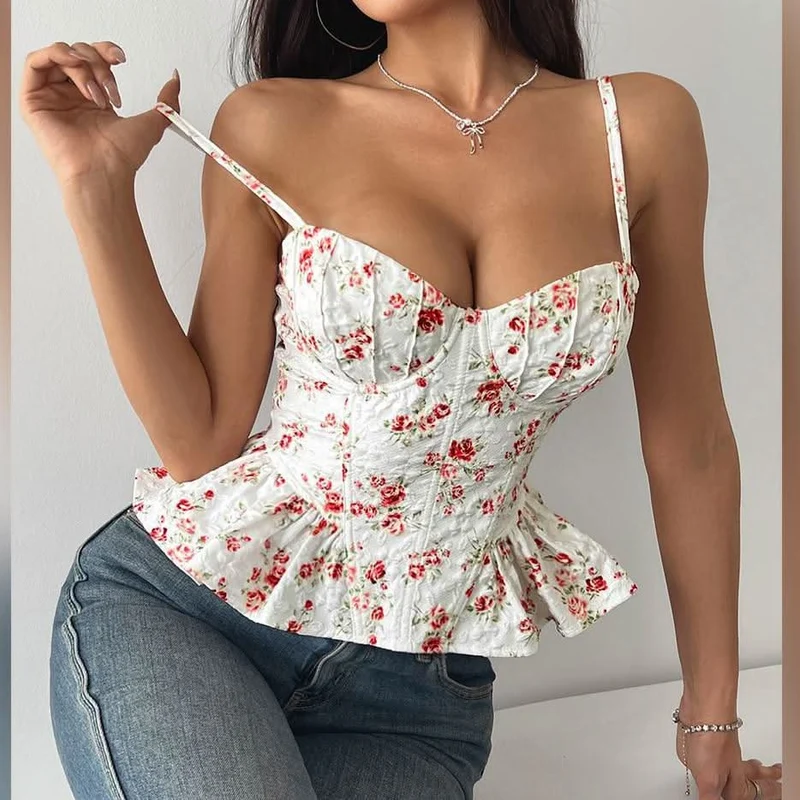 Lace up flower print ruffle cami top