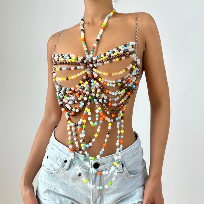Beaded contrast halter backless top