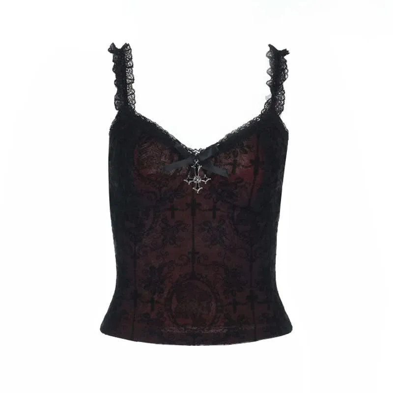 Lace hem v neck bowknot print cami top