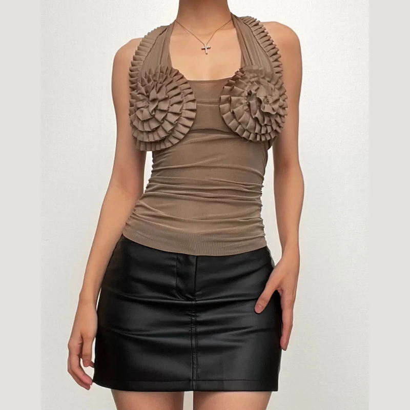 Mesh halter pleated ruched backless cut out top-final-sale