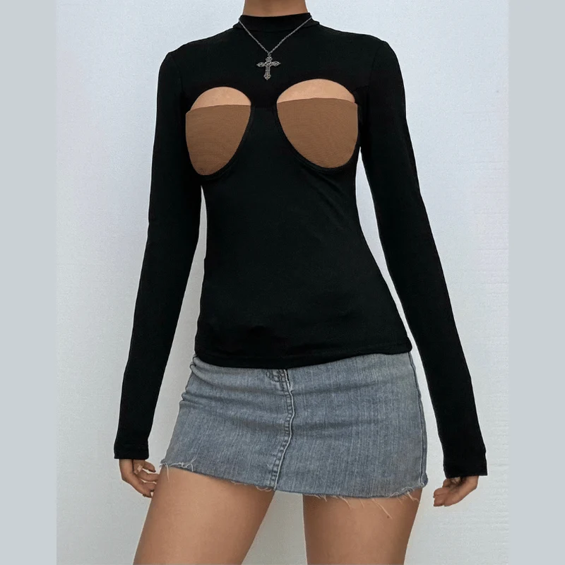 Long sleeve crewneck patchwork hollow out cut out top-final-sale