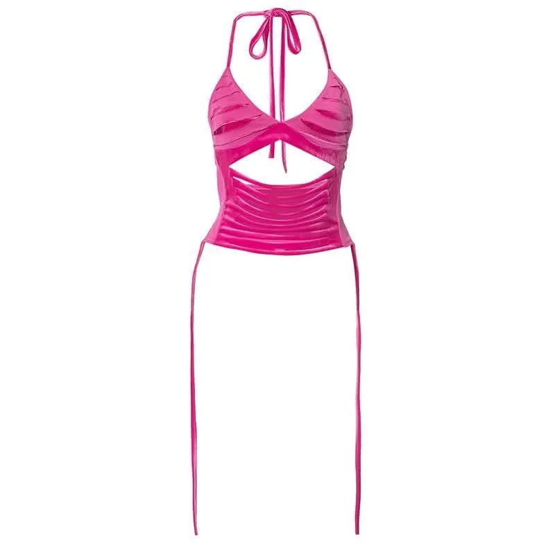 Cut out halter backless v neck crop top-final-sale
