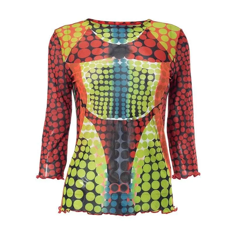 Sheer mesh long sleeve polka dot thermal contrast ruffle 2-way top-final-sale