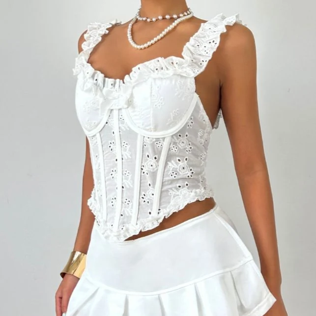 Bowknot ruffle v neck self tie corset tank top